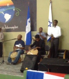 The worship team is mostly percussion - a keyboard player, two drummers, a turtle shell player (back left of percussion section) and a maraca player. There are usually two or three female vocalists as well.